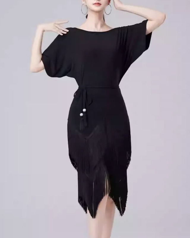 フリンジ ベルト ミモレ ダンスドレス  ds1451
