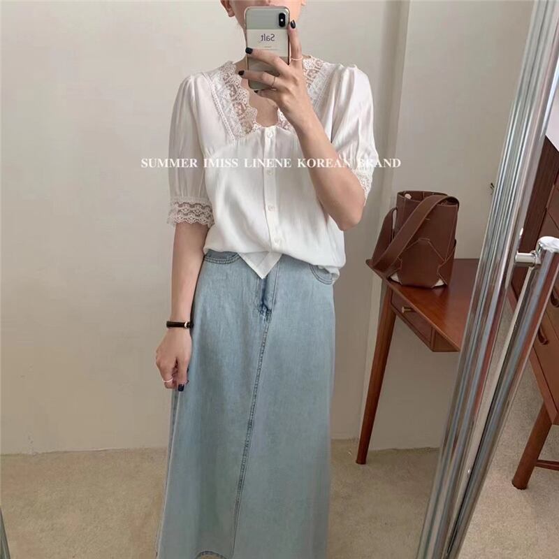 レーススリーブシャツ サマーホワイト薄手ルーズVネック半袖トップス ショート ハーフスリーブ 夏物 ビッグFスモールZ韓国81649562763