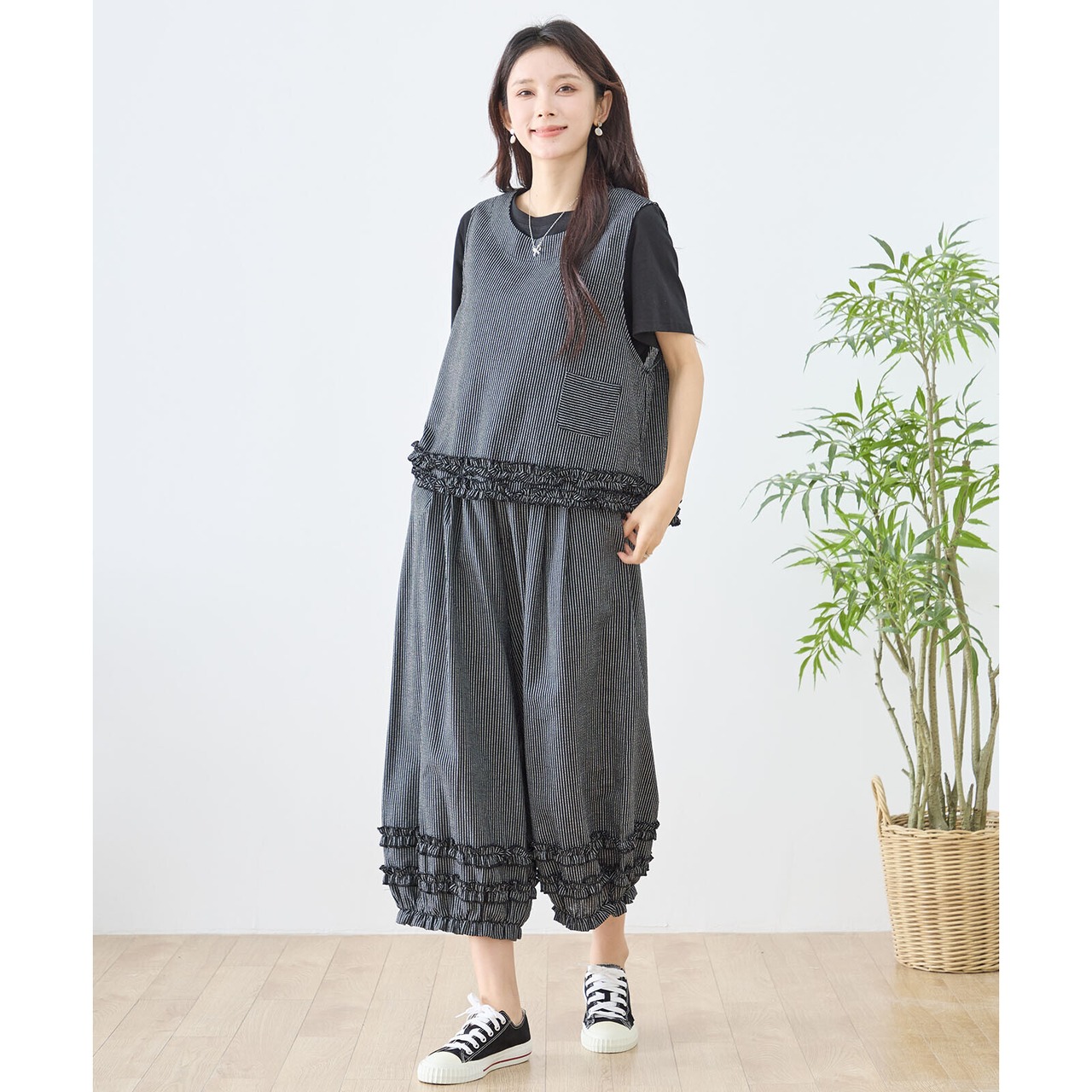 シャーリングフリルストライプバルーンパンツ (M~L)