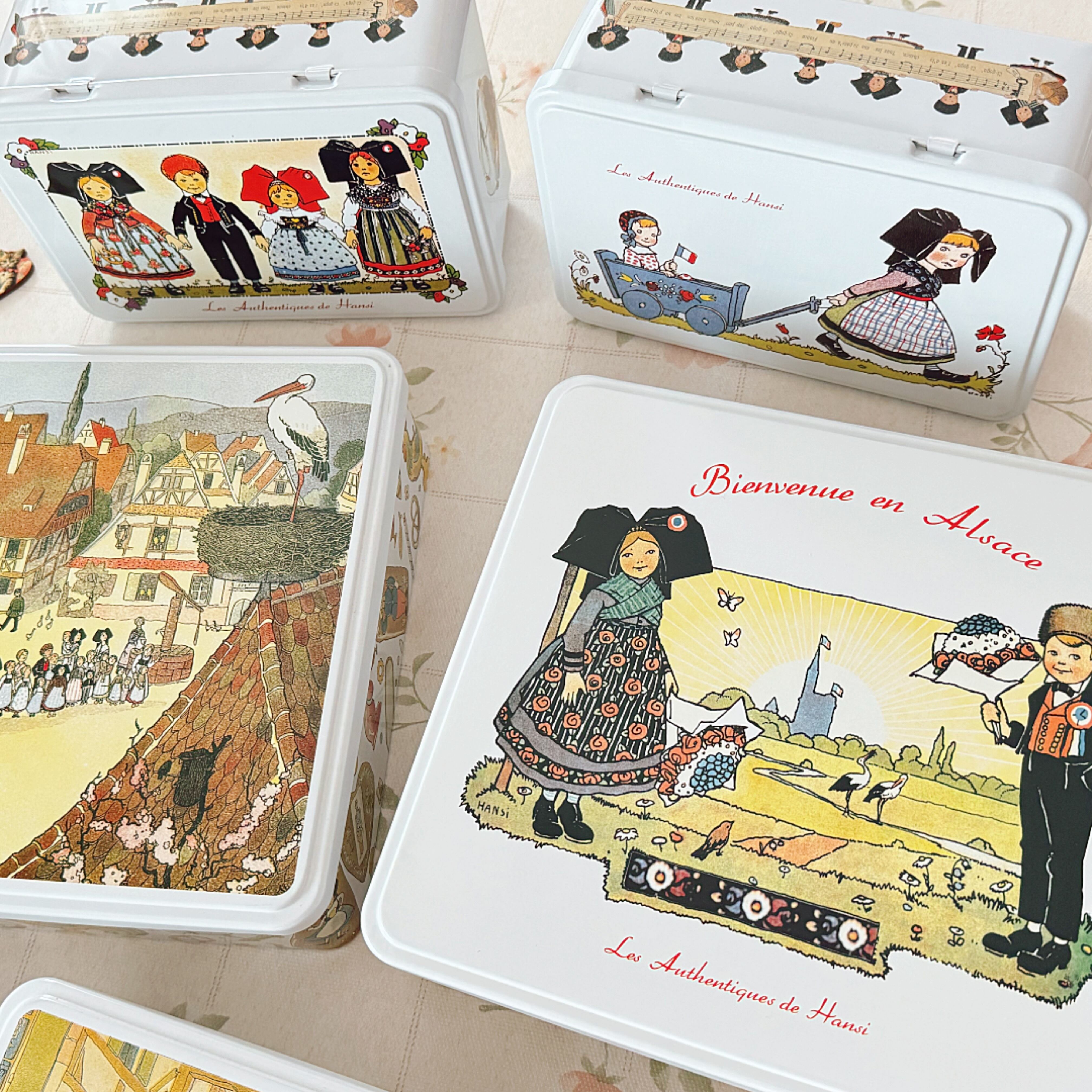ランズバーグ　4個缶セット　ケーキホルダー フランスの絵本みたいなTIN缶 長方形 全4種☆Hansi アルザス ブリキ缶