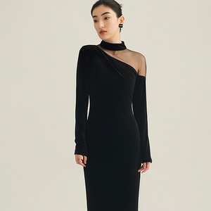 ブラック アシンメトリー シアー ロングドレス