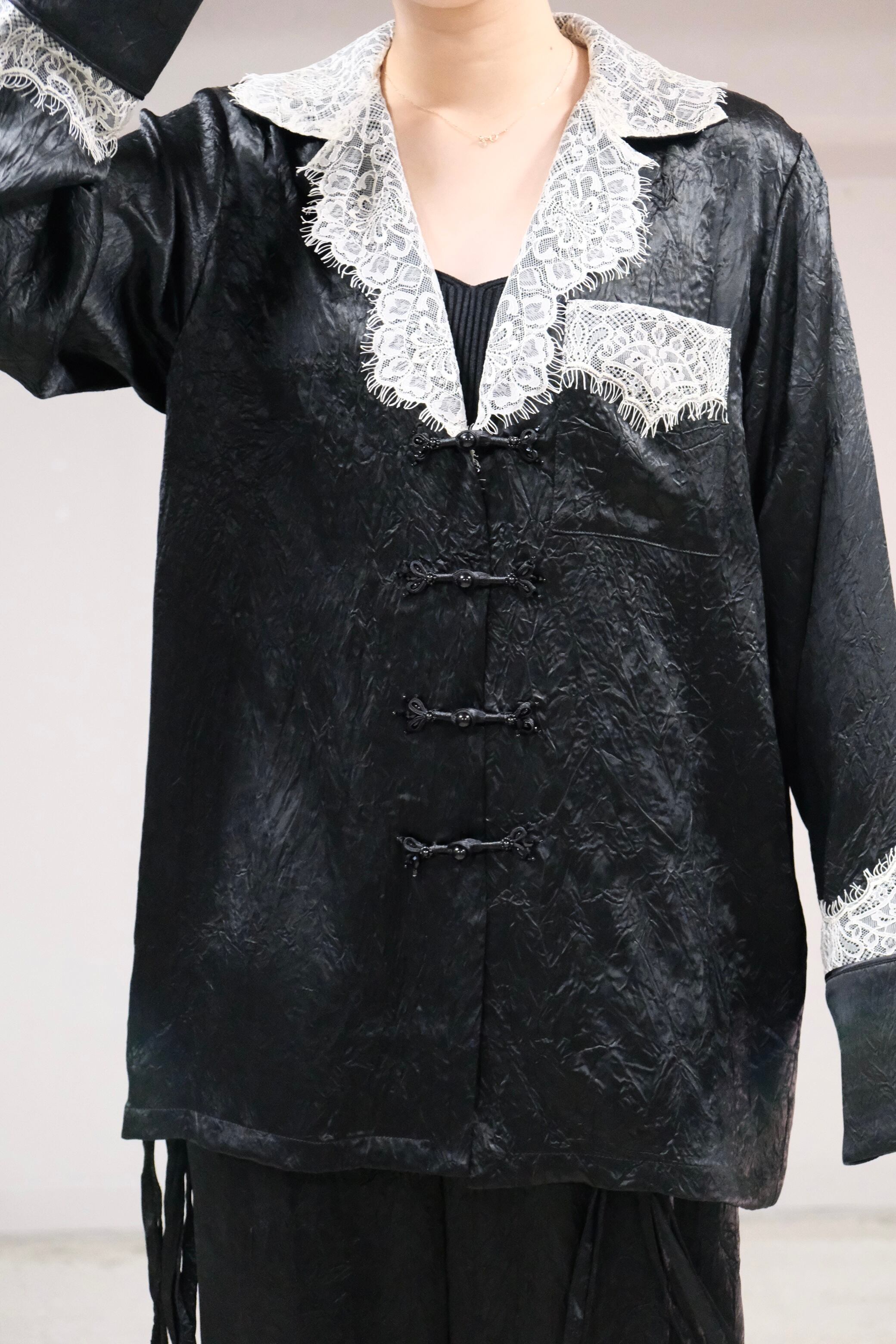 Tanaka Daisuke】lace collar sleep china button shirt | loop