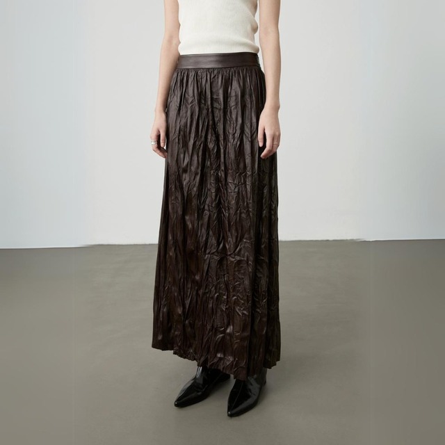 ランダムクラッシュプリーツセミフレアースカート　　0755