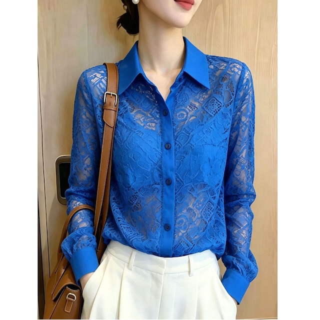 royal blue lace collared button shirt<t3188>
