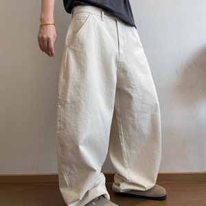 Vintage Versatile Raw Canvas Off-White Washed Utility Curved-Leg Cargo Pants (FD058)