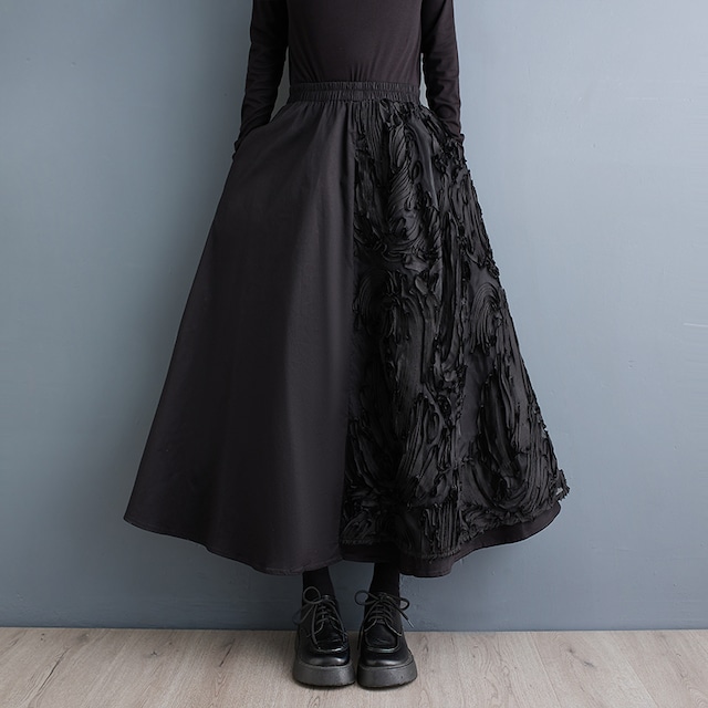 BLACK 3D PATTERN A-LINE LONG SKIRT 1color M-8011