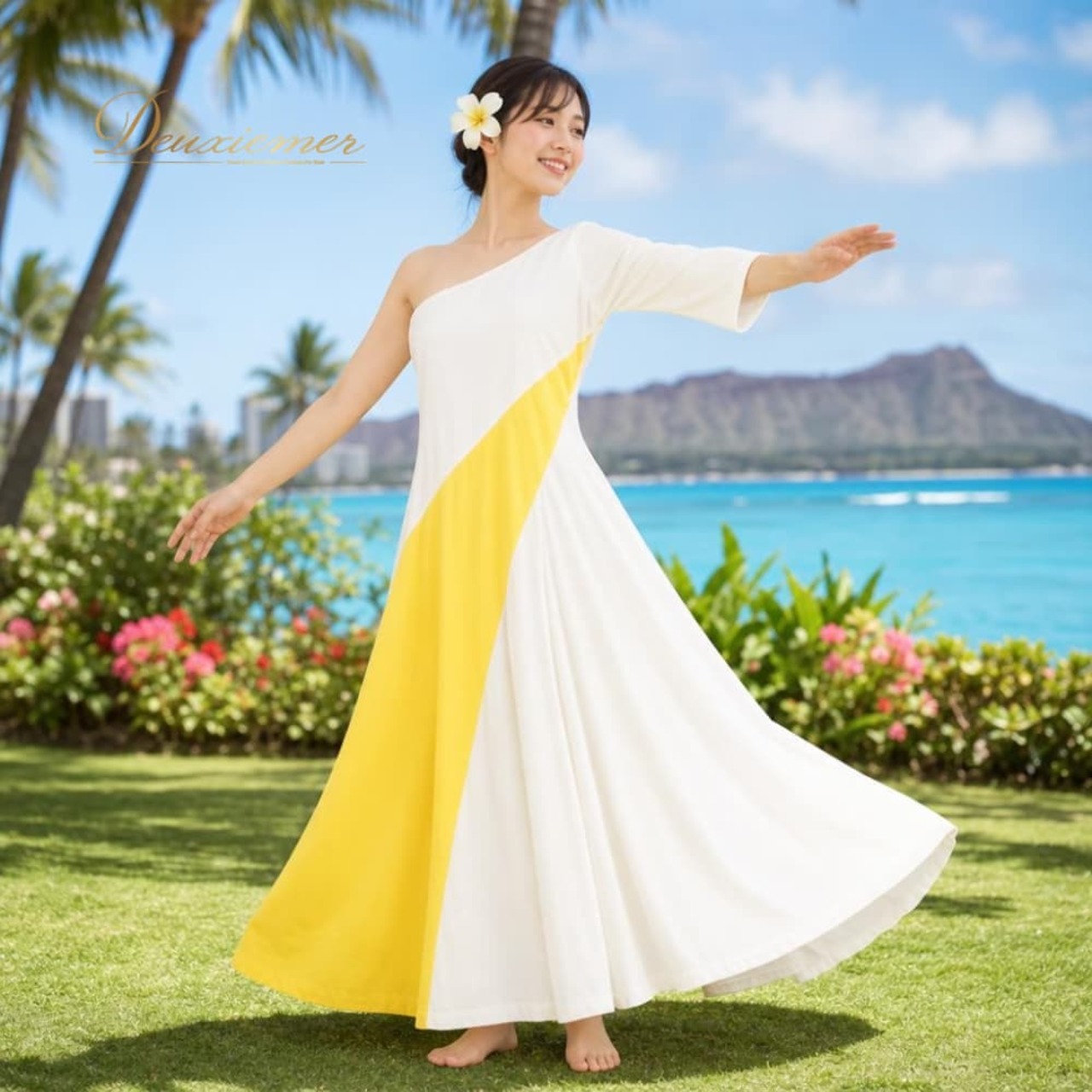 フラダンス 衣装 HULA GIRLS フラガールズ ワンピース ドレス イエロー系 ホワイト系 ツートンカラー ワンショルダー 無地 光沢 上品 きれい 高級感 かわいい 華やか 鮮やか 明るい 黄 白 ハワイアン アロハ ハワイアンプリント レッスン 練習