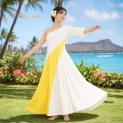 フラダンス 衣装 HULA GIRLS フラガールズ ワンピース ドレス イエロー系 ホワイト系 ツートンカラー ワンショルダー 無地 光沢 上品 きれい 高級感 かわいい 華やか 鮮やか 明るい 黄 白 ハワイアン アロハ ハワイアンプリント レッスン 練習