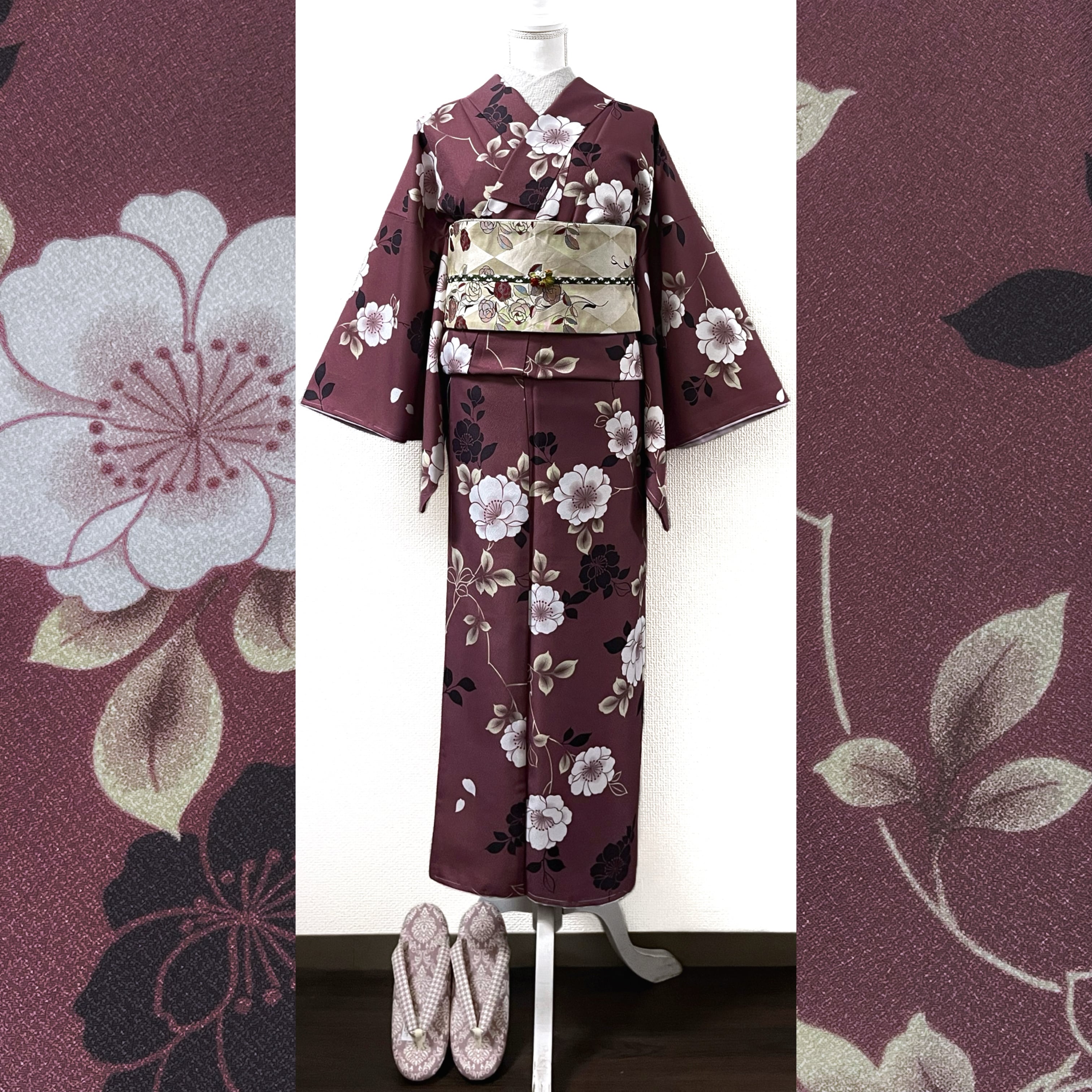 新品】梅鼠色に八重桜文様の洗える小紋着物 | きもの楸堂-kisasagedo-