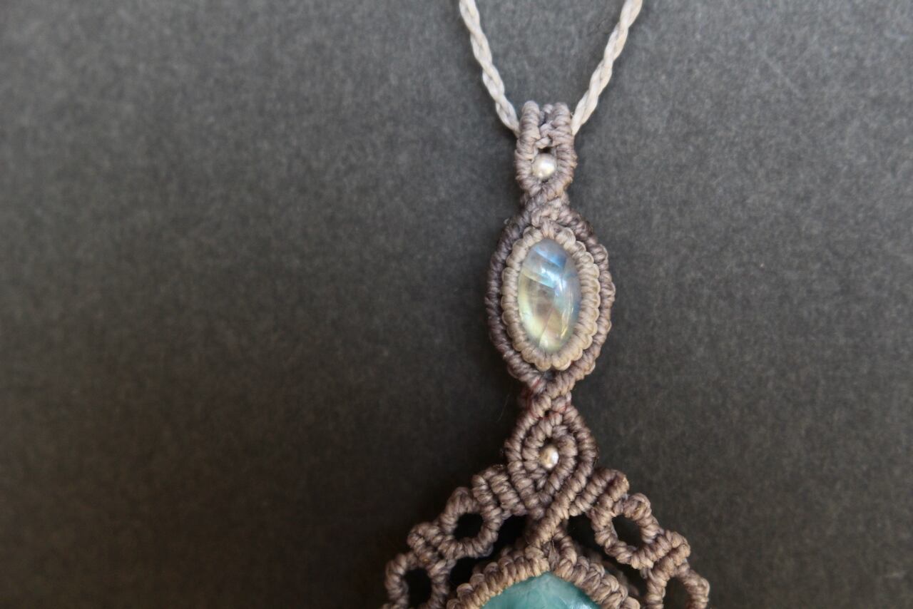 Larimar & Rainbow  moonstone  micro macrame pendant