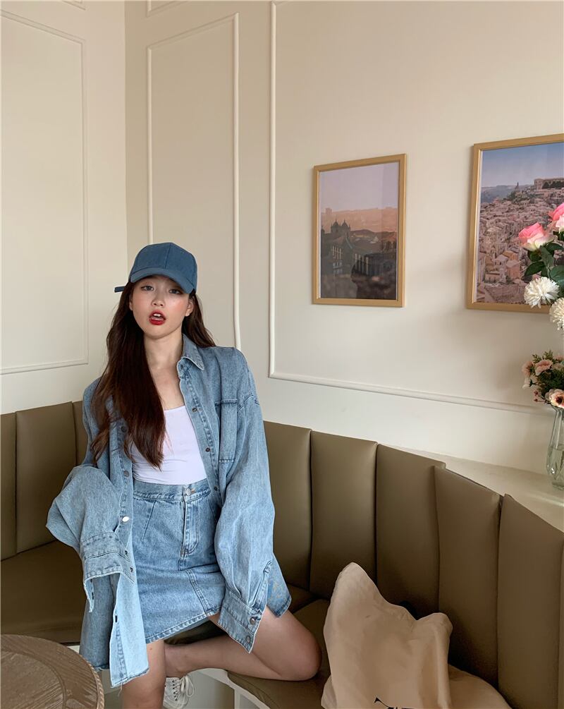レトロな香港スタイルのルーズデニムシャツジャケット女性秋ミドル丈オールマッチシャツアウターウェア薄い長袖トップス ブラックストロベリース66544522077