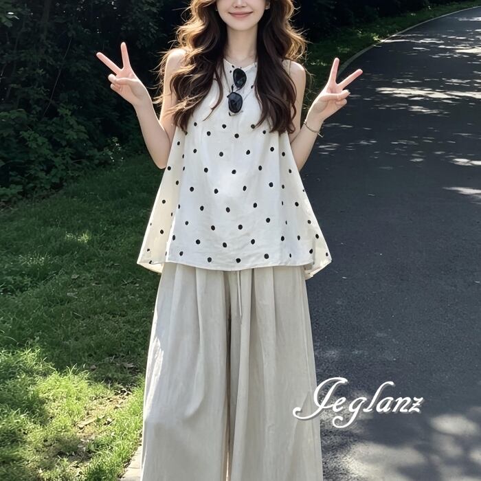 セットアップ 2点 ドットノースリーブ ワイド パンツ リラクシー ♪(MC916)κ
