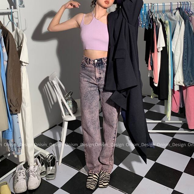 ジーンズ ウェストスリムパンツ ルーズレディース レッド ビッグFスモールZ韓国2296751151