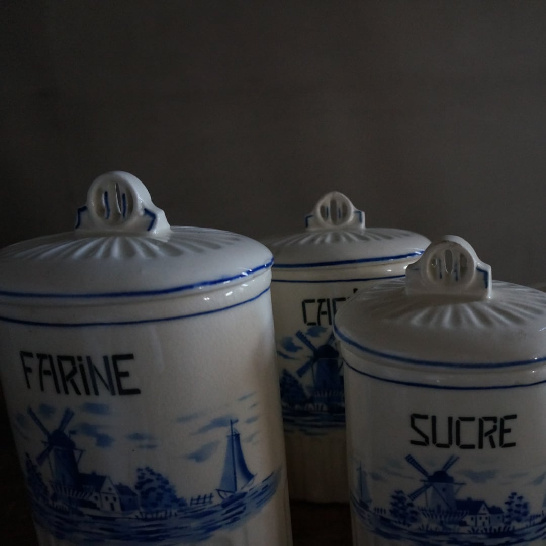 古いフランスの陶器キャニスター5点セット