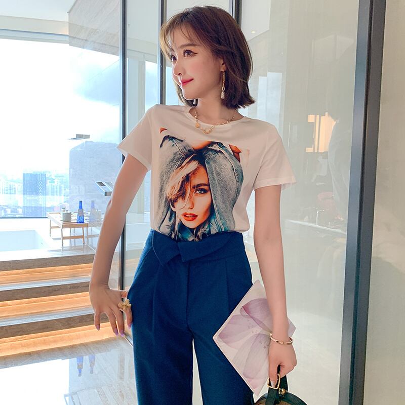 プリント柄ラウンドネック半袖スリーブTシャツ トップス ショート ハーフスリーブ Oネック MIUCO84657222706