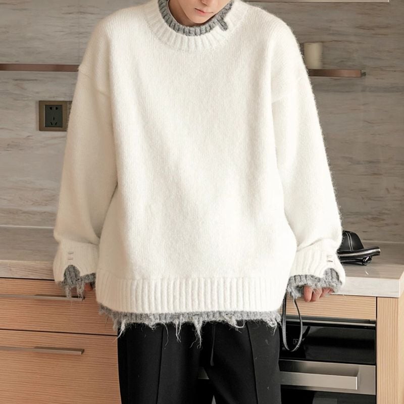 ダメージ加工ラウンドネック重ね着風ニット C10267