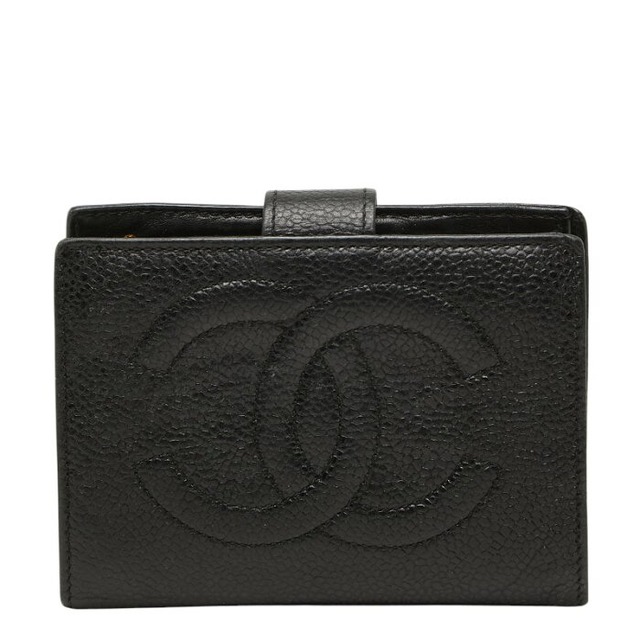 シャネル ココマーク 二つ折り財布 がま口 小銭入れ ブラック キャビアスキン レディース CHANEL 【中古】