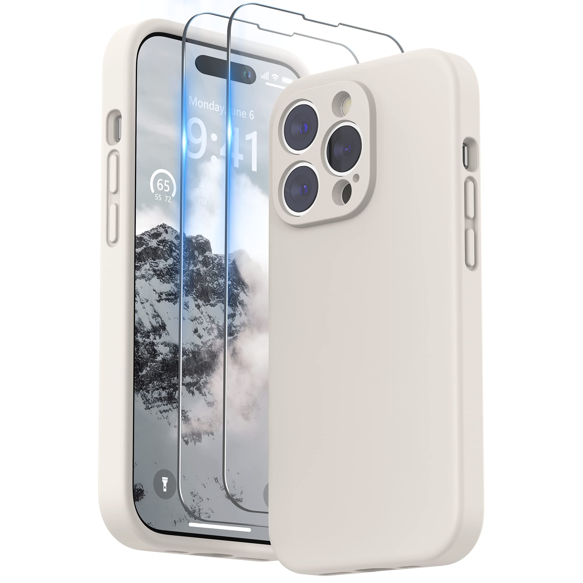 SURPHY iPhone14 pro用ケース シリコン,フィルム付き 6.1インチ対応(2022) iPhone14 プロ用シリコンケース(レンズの全面保護) 耐衝撃 超軽量 指紋防止 全面保護 iPhone14 pro用ソフトカバー (ストーングレイ)