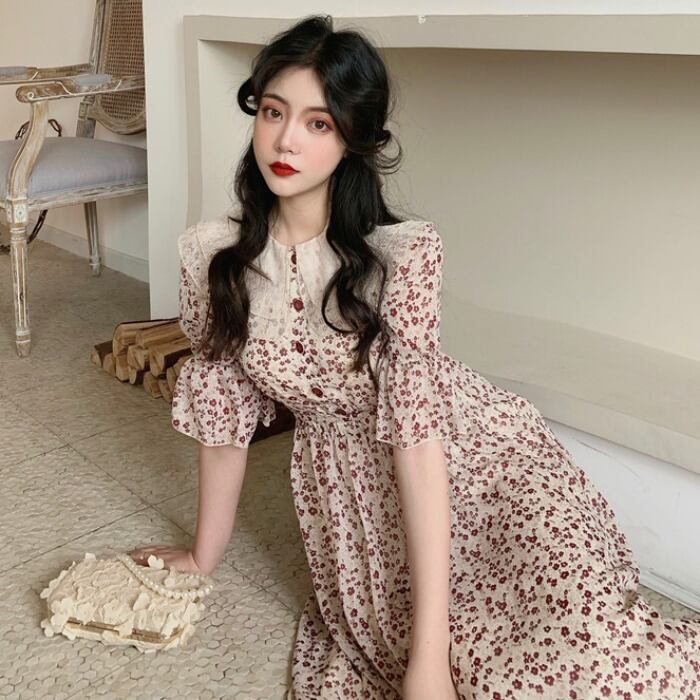 サマースタイルスタンダードレースカラーフローラルスカート ウェストドレス レディース レトロ 夏物 花柄 ドラファッションホール96566162367