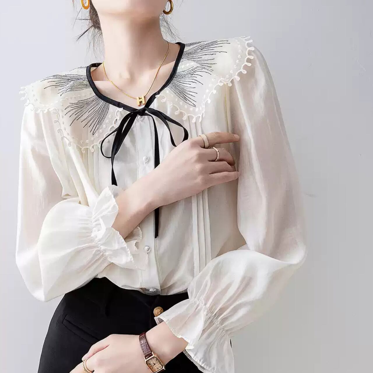 レース カラー フリル ブラウス