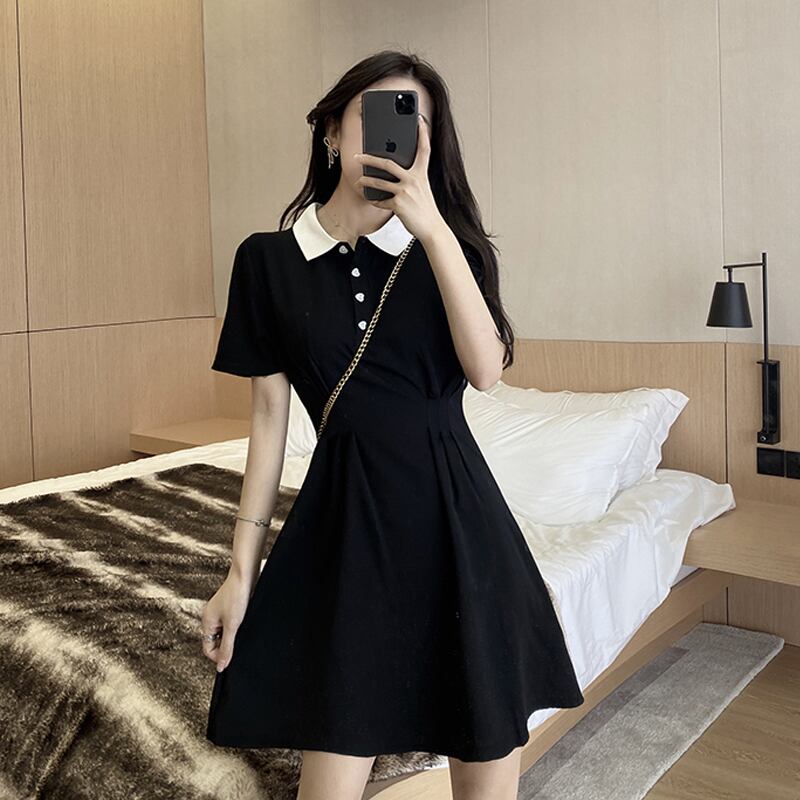 カラーTシャツ ドレス サマースタイルブラックショートウェストスリムスカート 夏物 試着室36216930200