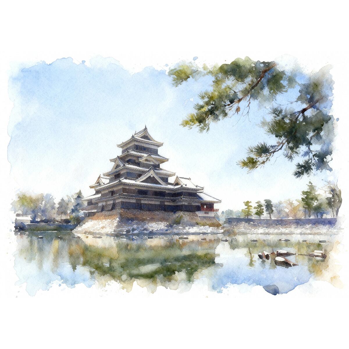 絵画 風景画(街並み) 日本の城 長野県 松本城 インテリアアート額付き