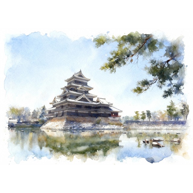 絵画 風景画(街並み) 日本の城 長野県 冬の松本城 インテリアアート額付き 水彩画・油絵風 WAT1527