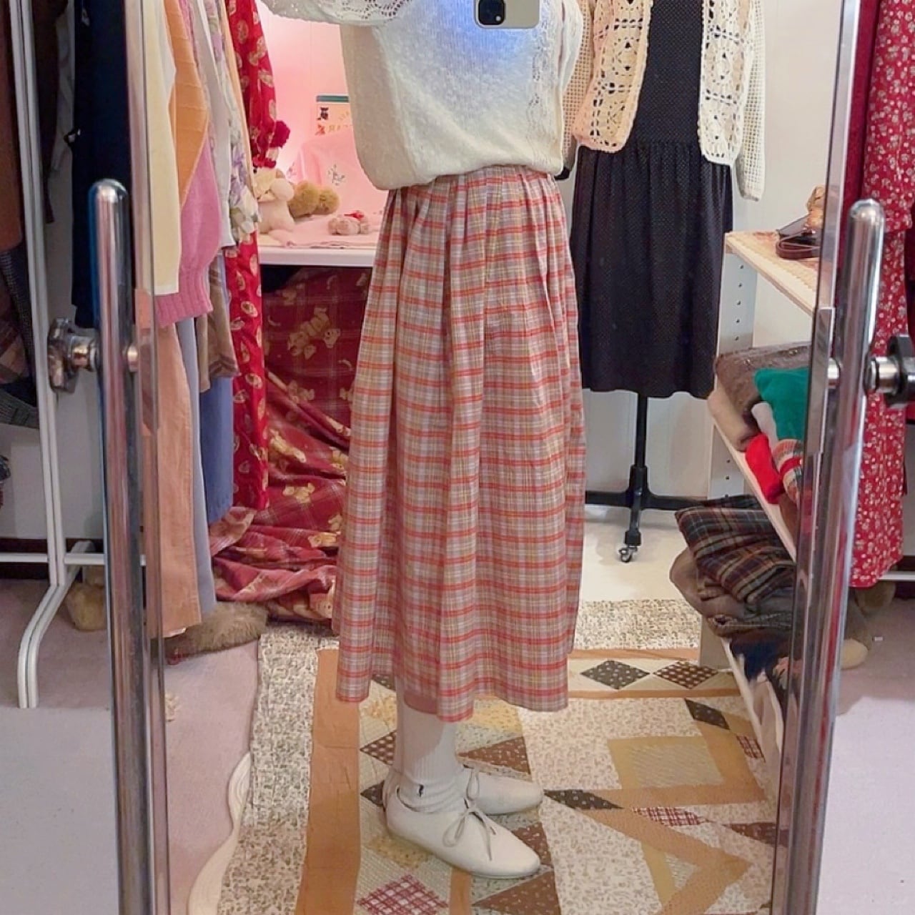 check waist ribbon skirt