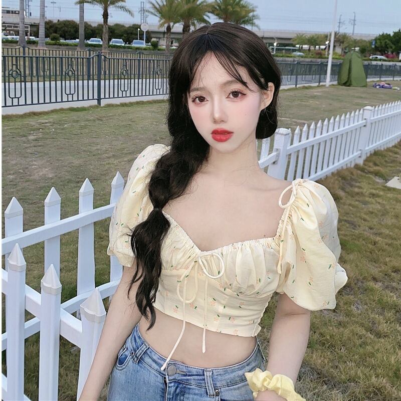 フローラルスリーブシャツ レディースサマーVネックスリムショートクロップトップ トップス レース 夏物 花柄 レースアップ YY-ファッション34212939038