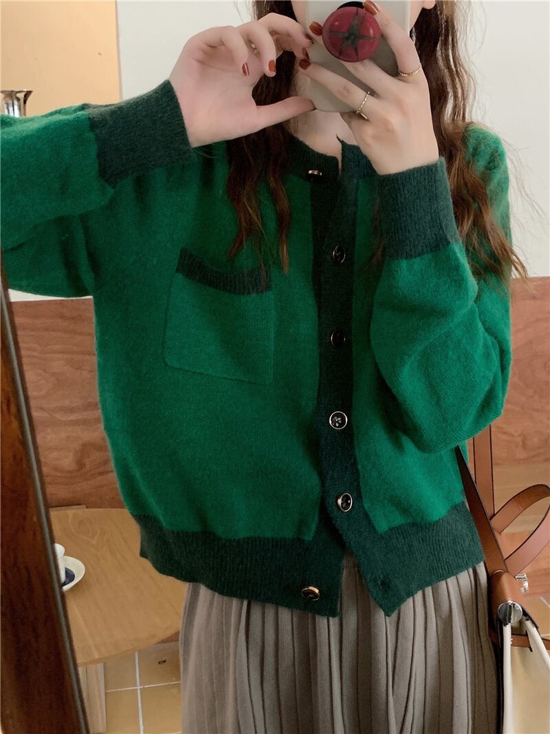セーター オータムルーズグリーンカーディガンジャケット ロング 秋物 モンロー1672091594