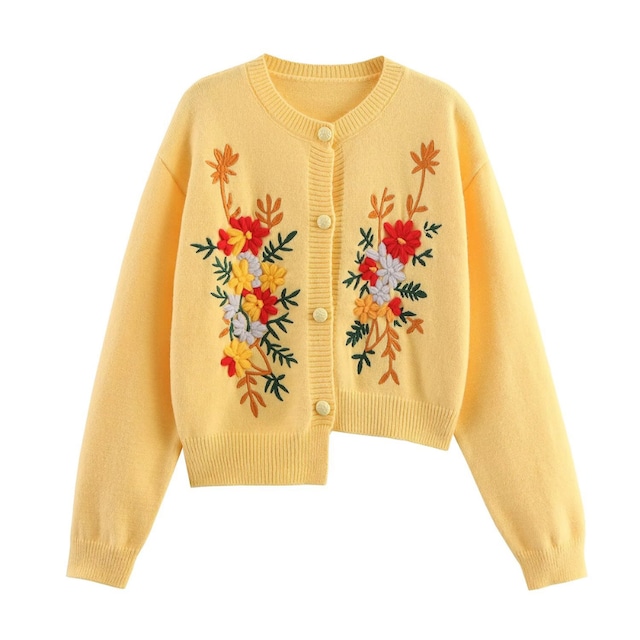 flower embroidered asymmetrical knit cardigan J00036