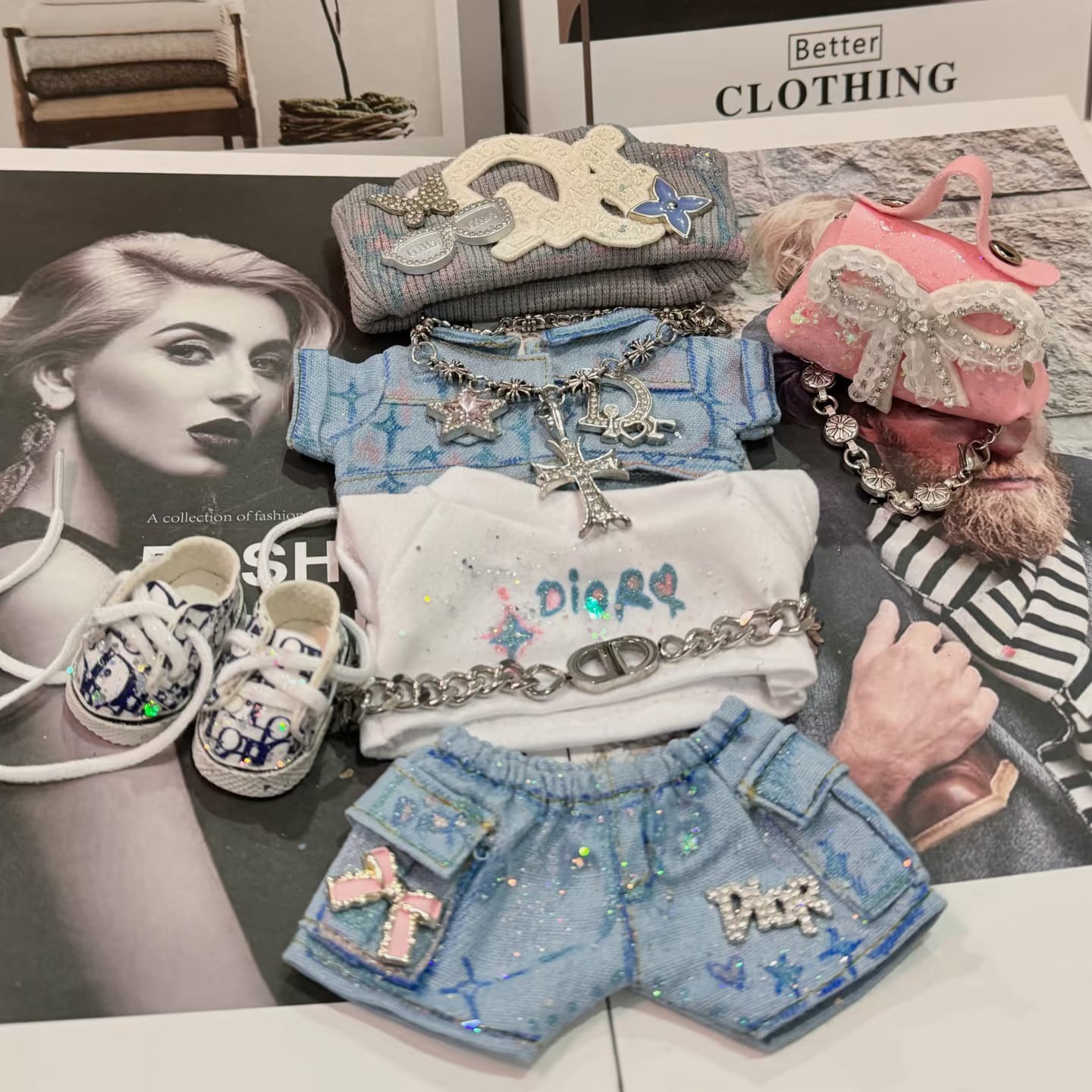 【クールなブルーグレー】メタルチェーン 8点フルコーデ labubu ラブブ 着せ替えセット 15-17cm おしゃれ かわいい 可愛くてクール the monsters1.0 2.0 3.0