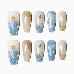 【在庫のみ】Sun&Beam Nails 手作り ネイルチップ ミディアム ロング コフィン バレリーナ ブルー ゴールド ホワイト つけ爪 クリスマス デザイン おしゃれ 付け爪 10枚入 (#143 S)