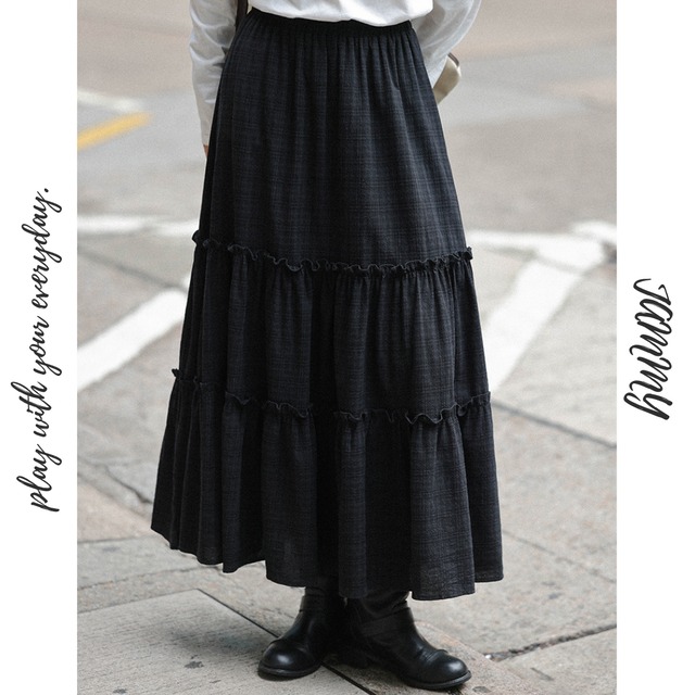 tiered check long skirt　J00350
