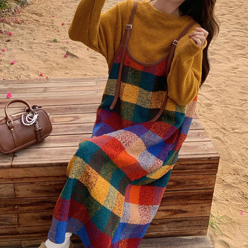 Multi-Check Pinafore Maxi Dress & Mustard Knit Top Set S0281