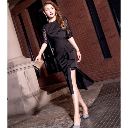 結婚式ドレス 大きいサイズ XL 2XL スリムフィット Uネック エレガント レディースワンピース フロントフリル お呼ばれ きれいめ フォーマル 無地 半袖 レース袖 ミドル丈 スカート お洒落