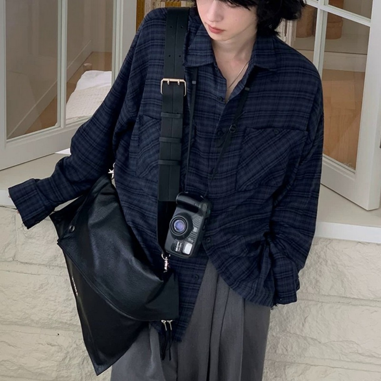 レトロダークチェック柄シャツ　1267