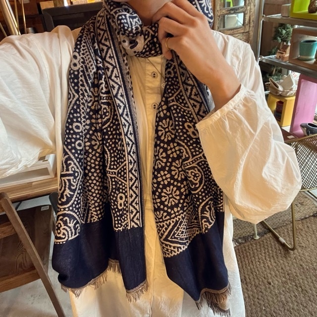 TOPANGA Accessory　Cotton & Linen Scarf Paisley Pashmina navy blue　 コットン＆リネンスカーフ　ペイズリーパシュミナ　ネイビー　スカーフ