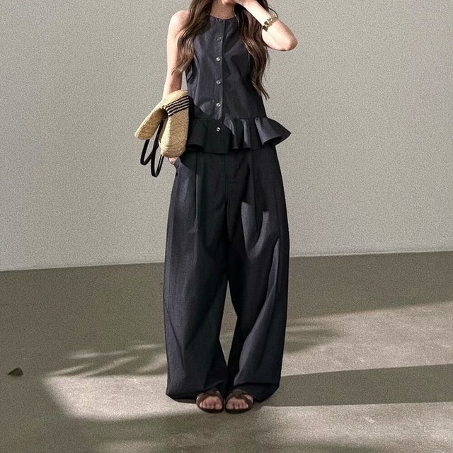＜セットアップ＞ペプラム デザイントップス＋ワイドパンツ 26251