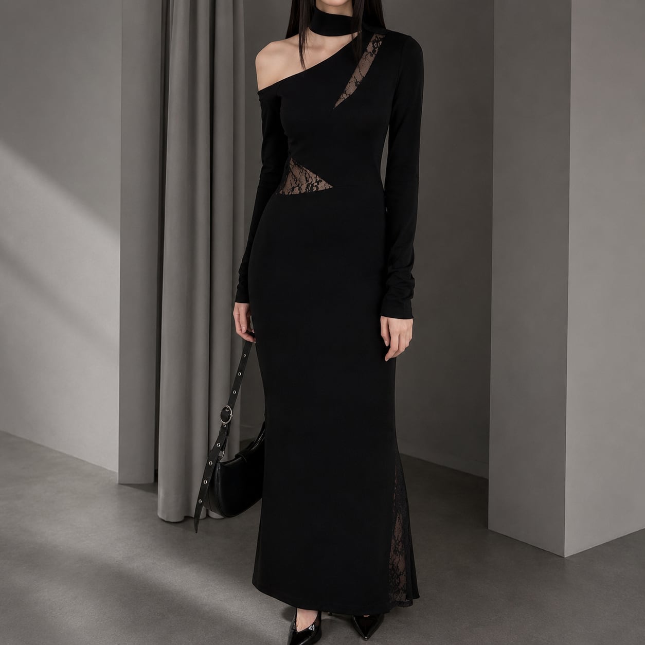 cutout sheer lace long onepiece / l0555