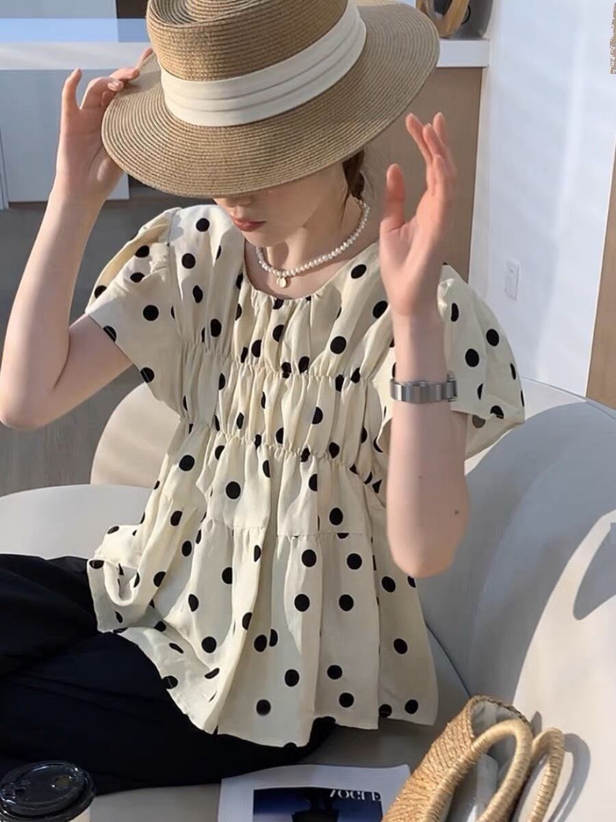 ◆予約◆フロントギャザードットトップス(ネコポス対応)(ご注文から1-2週間程でお届け)