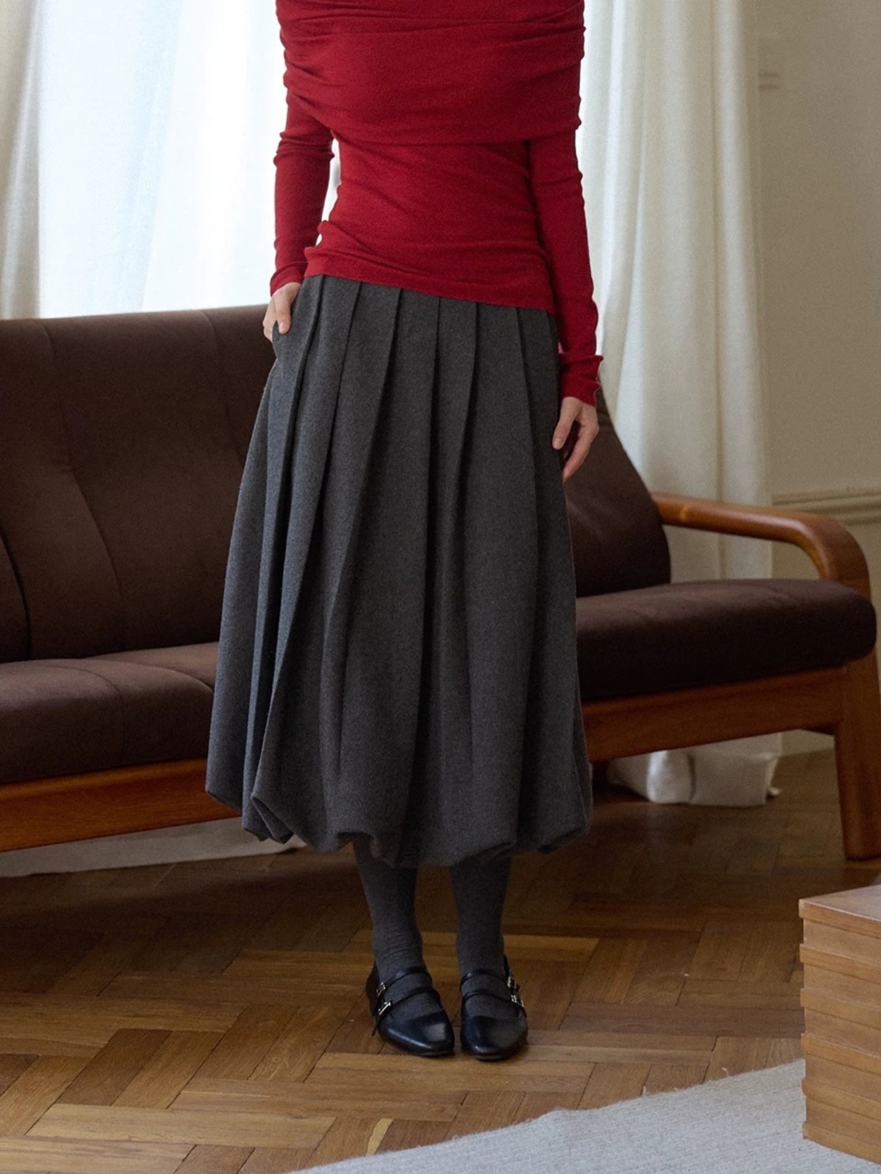 Bouton Wool Blend Pleated Balloon Skirt F0857