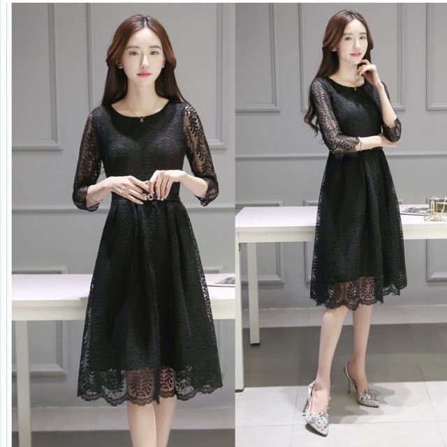 プリーツスカート ロング 花柄 韓国 総レースパーティードレス レース