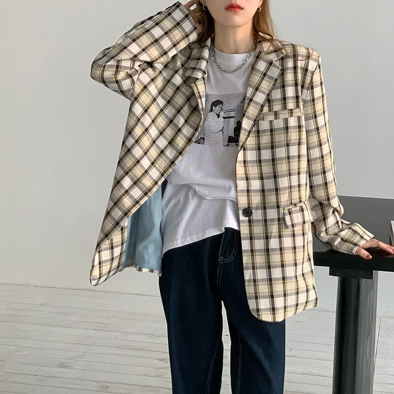 ジャケット ルーズ格子柄スタンダードスプリング レトロ 春物 ブラックストロベリース5799095330