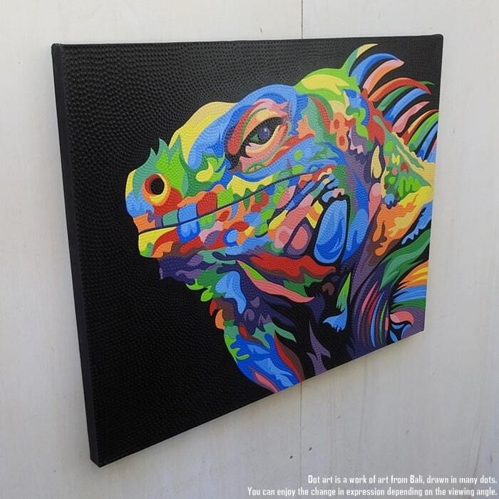 【夢見るトカゲ】 現代アート 抽象画 ミニアート 絵画 インテリア 一点物 ドットアート 90cm × 70cm トカゲ モダンアート アジアンアート 爬虫類