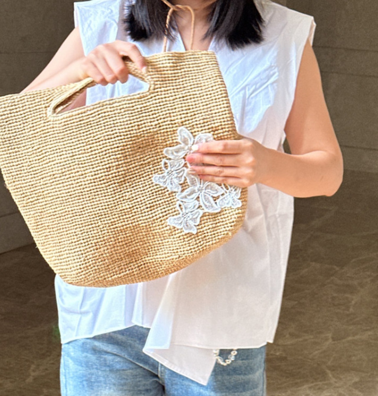 草手編みレース花飾りハンドバッグ