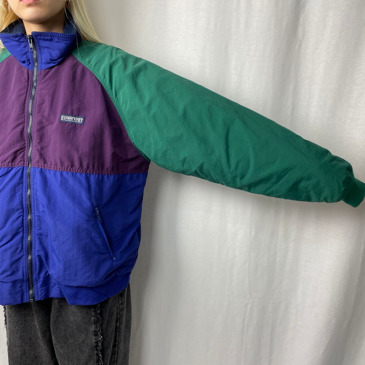 美品 90s LANDS' END ナイロン ジャケット フリースブルゾン 濃紫