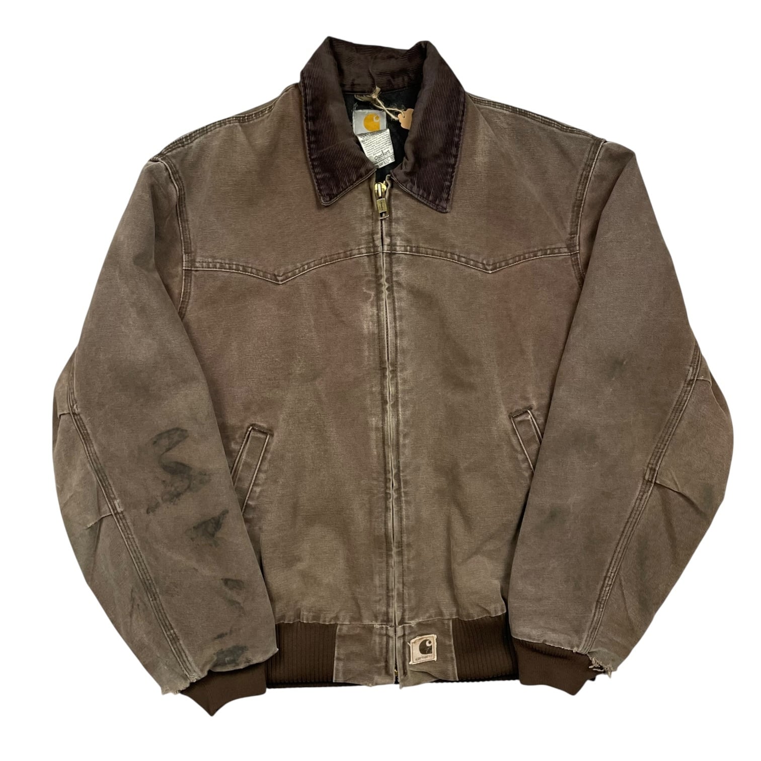 《L》Carhartt カーハート サンタフェジャケット 襟コーデュロイ ワンポイントロゴ フェード ダメージ no.9802