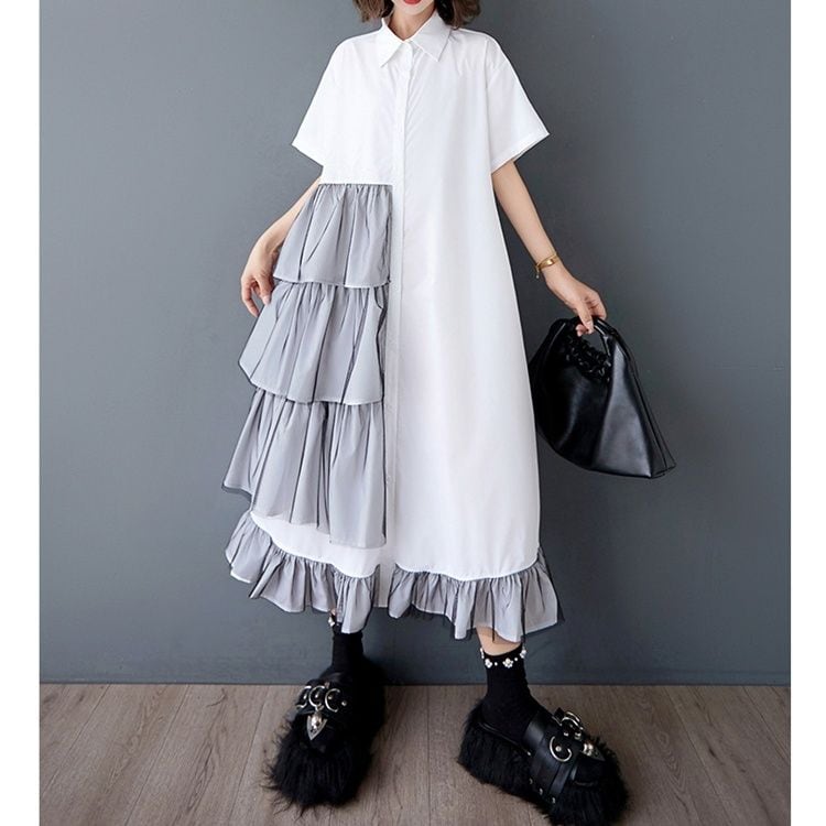 ワンピース half-sleeves shirt-dress ASYMMETRIC FRILLED HALF SLEEVES A-LINE MIDI SHIRT DRESS 2colors M