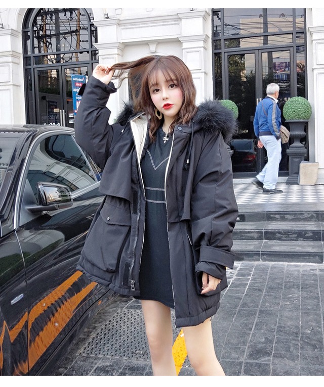 韓国ファッション ダウンコート毛皮の襟 パッド入りジャケット ジッパー 中・長セクション
